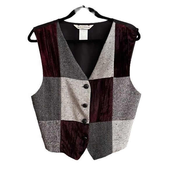 Vintage 80s Melrose Patchwork Waistcoat Vest Wool Blend Velvet Herringbone Sz M - Picture 1 of 9
